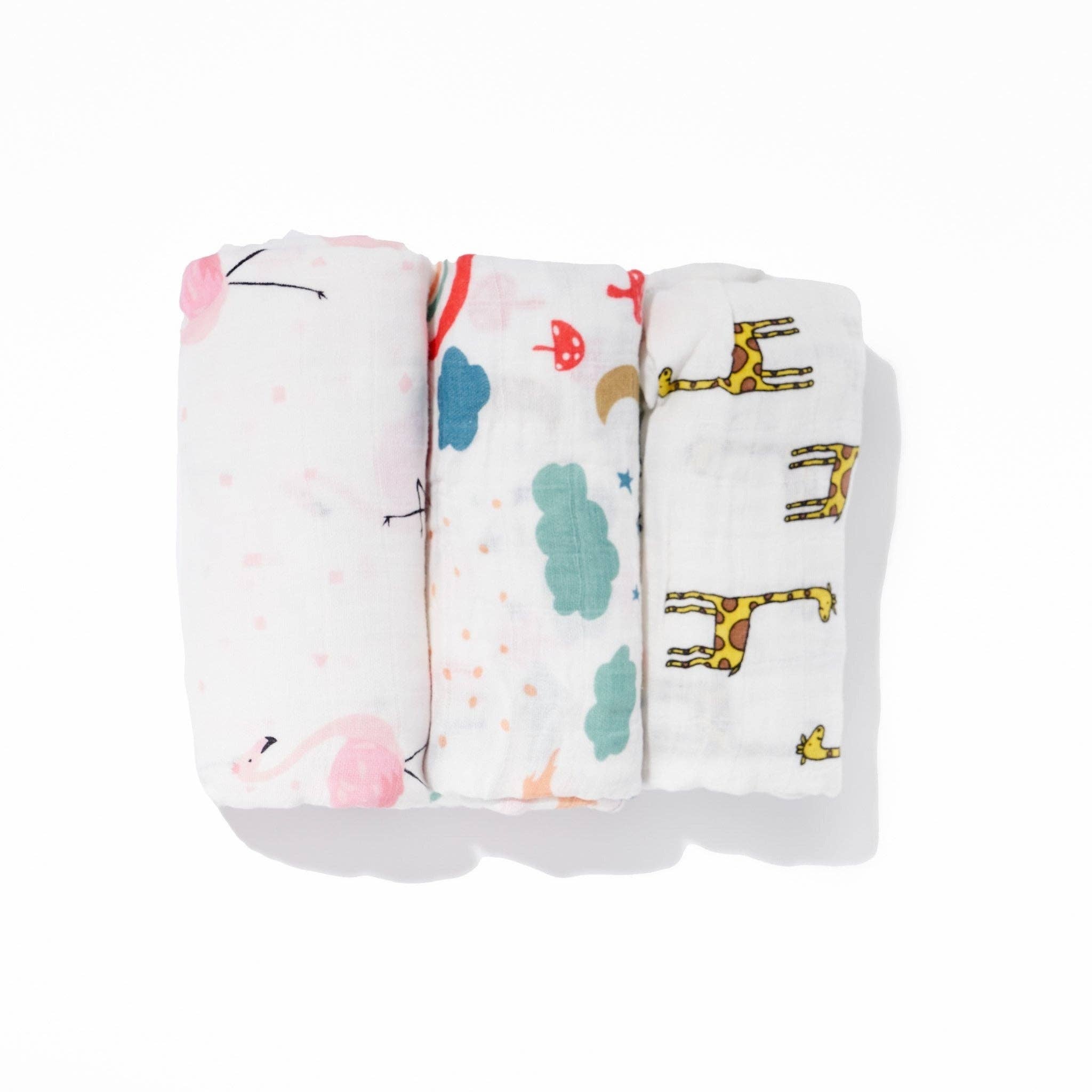 3-pack muslin swaddle blanket by EliteBaby giraffe unicorn flamingo