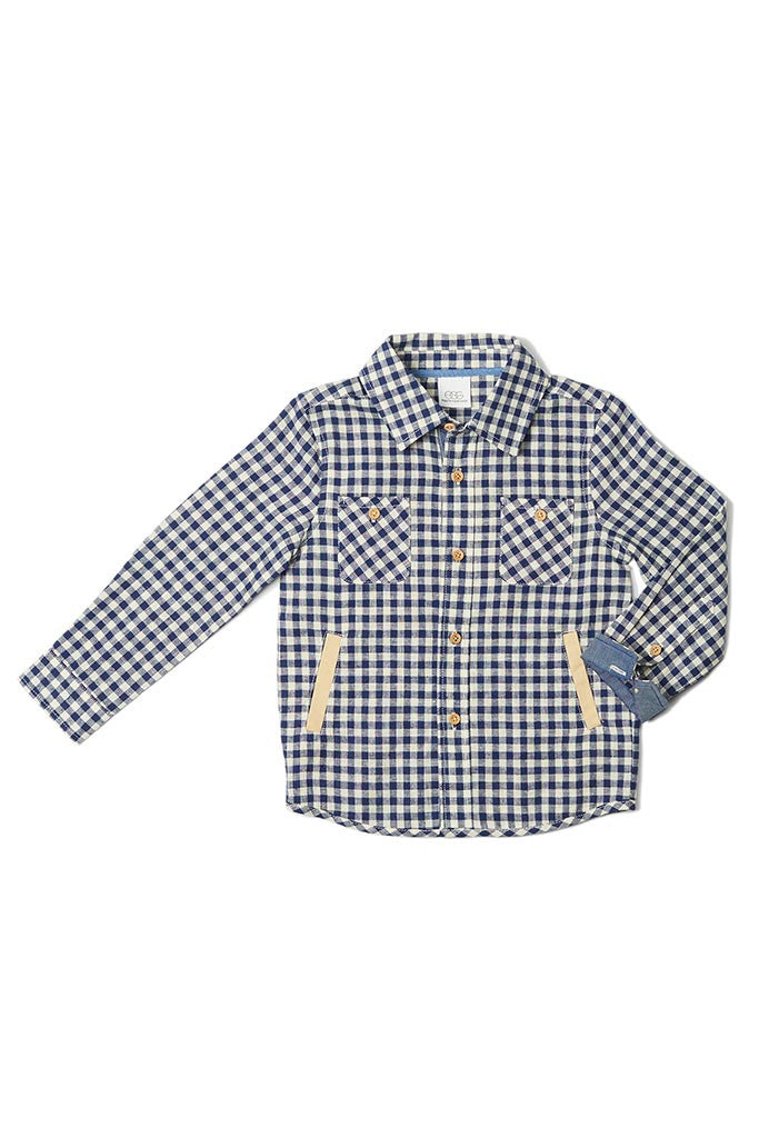 Blue Plaid Linen Long Sleeve Button Down by EGG